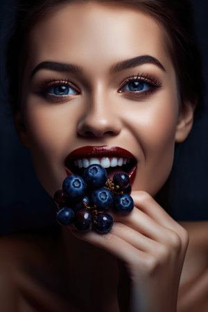 shot of a beautiful young woman posing with blueberries in her mouth, created with generative aiの素材