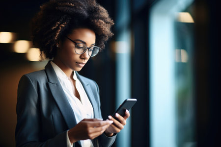 shot of a young businesswoman using her smartphone in an office, created with generative aiの素材