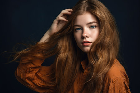 studio shot of a beautiful young woman holding her hair, created with generative aiの素材
