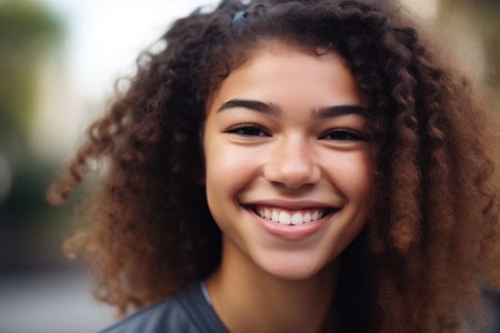 closeup of a young woman in sportswear smiling, created with generative aiの素材