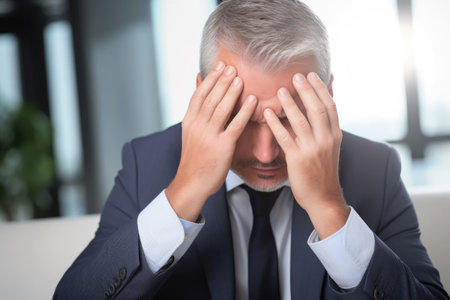 cropped shot of a businessman holding his head in pain, created with generative aiの素材