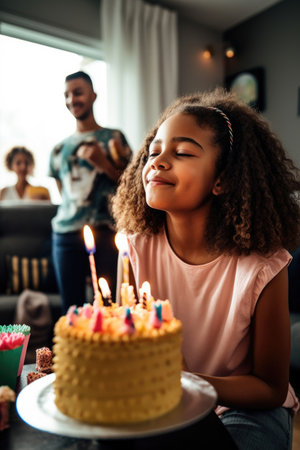 shot of a young girl celebrating her birthday at home with her friends, created with generative aiの素材