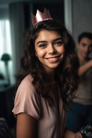 portrait of a happy young woman celebrating her birthday with friends at home, created with generative aiの素材
