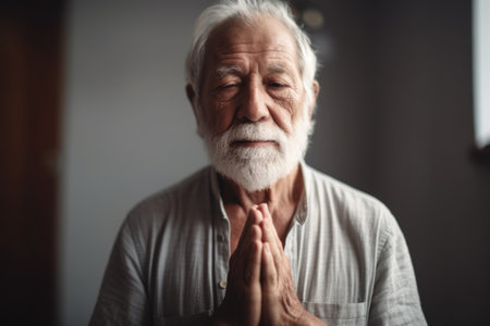portrait of a senior man standing with his hands placed in prayer position at yoga class, created with generative aiの素材