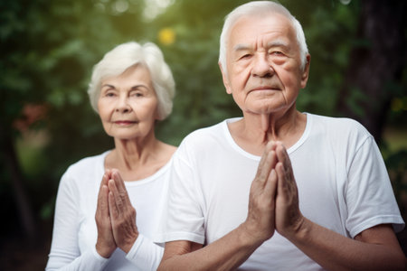 portrait of a senior couple in yoga postures together, created with generative aiの素材