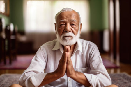 portrait of senior man in yoga pose at retirement home, created with generative aiの素材
