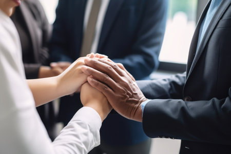 shot of a group of unrecognizable businesspeople holding hands in prayer, created with generative aiの素材