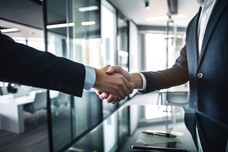 shot of two unrecognizable businesspeople shaking hands in a modern office, created with generative aiの素材