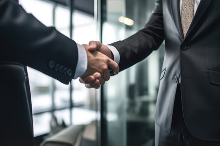 shot of two unrecognizable businesspeople shaking hands in a modern office, created with generative aiの素材