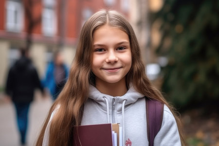 portrait of a smiling young school girl holding a textbook and looking confident, created with generative aiの素材