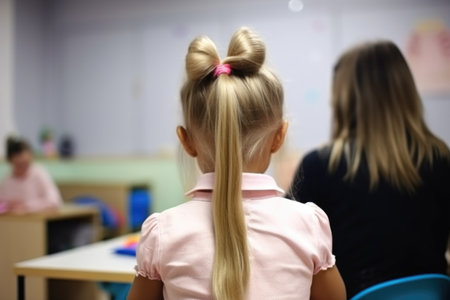little girl, back of head and teacher in classroom for education, learning or knowledge, created with generative aiの素材