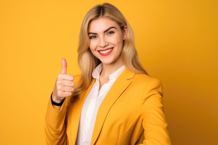 business woman in studio isolated on a yellow background, created with generative aiの素材