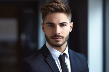 portrait of a confident young businessman standing in an office, created with generative aiの素材