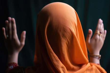 rearview shot of a young woman holding up her hand in a gesture for peace, created with generative aiの素材