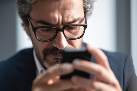 closeup shot of an unrecognisable man using a cellphone and glasses in an office, created with generative aiの素材