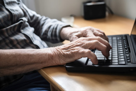 hands of a disabled man typing on his laptop at home, created with generative aiの素材