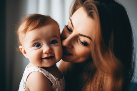 shot of a happy young mother and her adorable baby girl at home, created with generative aiの素材