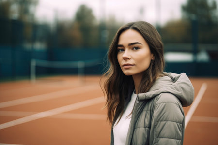 shot of an attractive young woman standing in a tennis court, created with generative aiの素材