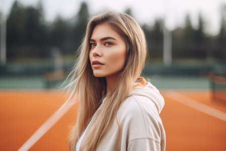 shot of an attractive young woman standing in a tennis court, created with generative aiの素材