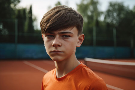 portrait of young tennis player standing on court, created with generative aiの素材