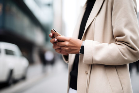 shot of an unrecognizable woman using a cellphone outside, created with generative aiの素材
