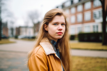 portrait of a young woman with a disability standing outside, created with generative aiの素材
