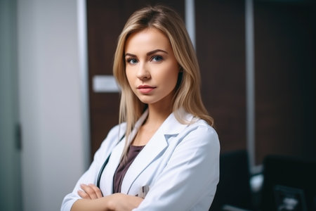 portrait of a confident young woman working in a medical office, created with generative aiの素材