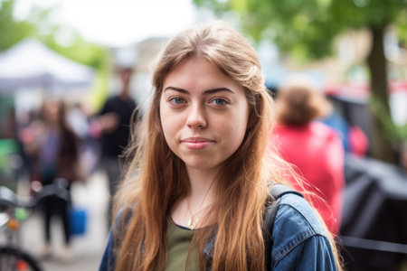 portrait of a confident young woman working at an outreach event helping disabled people, created with generative aiの素材