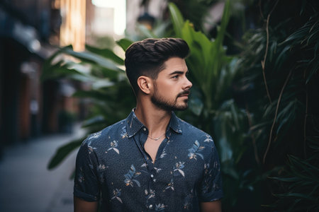 shot of a handsome young man standing outside, created with generative aiの素材