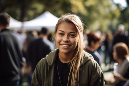 shot of a young woman working at an outreach event, created with generative aiの素材