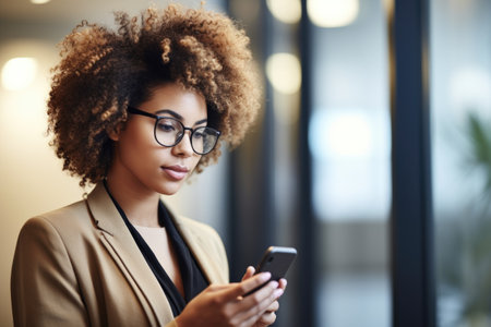 shot of a young woman using her smartphone at the office, created with generative aiの素材