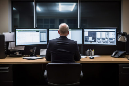 rearview shot of a businessman using a computer at his desk in an office, created with generative aiの素材