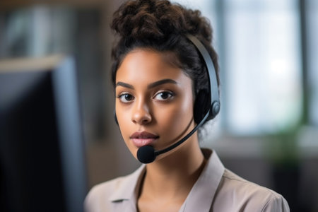 portrait of a confident young woman working in a call centre, created with generative aiの素材