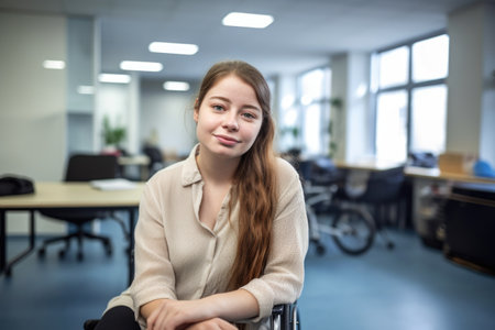 portrait of a confident young woman working in a disability support office, created with generative aiの素材