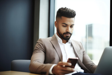 shot of a handsome young man using his cellphone while sitting in the office, created with generative aiの素材