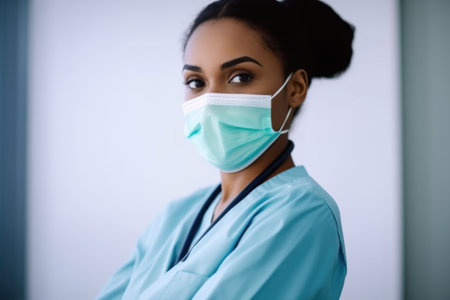 closeup shot of a young female doctor wearing a mask while standing in an office, created with generative aiの素材