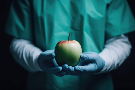 cropped shot of a surgeon with an apple in his hands, created with generative aiの素材