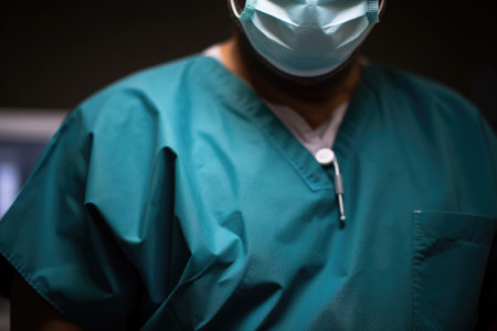 closeup shot of an unrecognizable doctor wearing scrubs, created with generative aiの素材