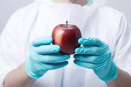 cropped shot of a mature male doctor wearing surgical gloves and holding an apple, created with generative aiの素材
