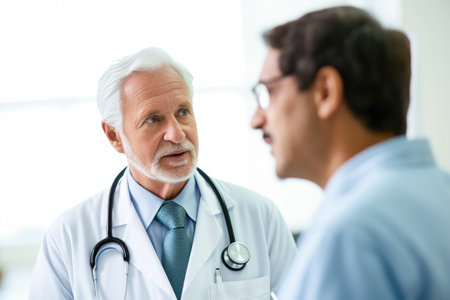portrait of a mature doctor consulting with a patient in a hospital, created with generative aiの素材