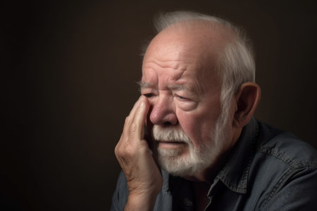 studio shot of a senior man holding his in pain and looking worried, created with generative aiの素材