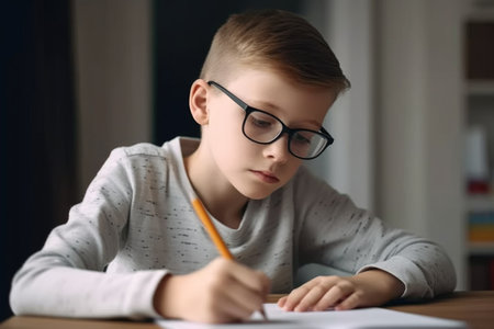 shot of a young boy doing his homework at home, created with generative aiの素材