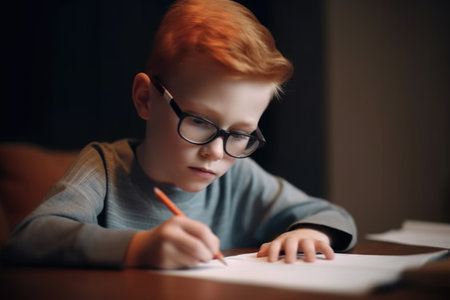 shot of a young boy doing his homework at home, created with generative aiの素材