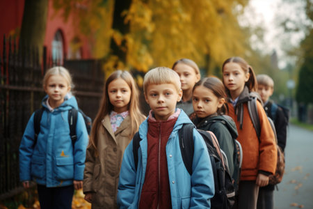 portrait of a group of elementary school students on their way to class, created with generative aiの素材