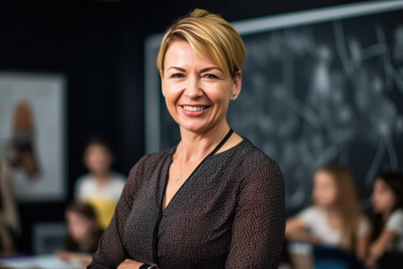 portrait of a smiling teacher standing in front of her blackboard with her class in the background, created with generative aiの素材