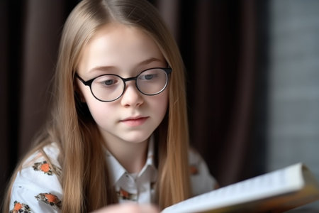 portrait of a young schoolgirl reading from her textbook in class, created with generative aiの素材