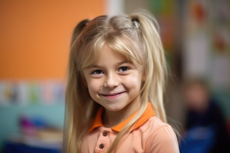 portrait of a happy young girl in the classroom, created with generative aiの素材