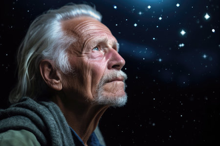 portrait of a handsome senior man looking at the stars while standing outside, created with generative aiの素材