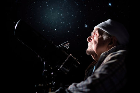 closeup shot of a senior man in a wheelchair looking at the stars through his telescope, created with generative aiの素材