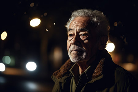 shot of a senior man standing outdoors at night, created with generative aiの素材
